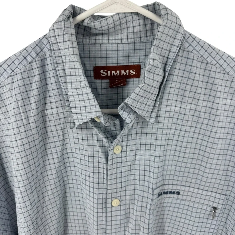 Simms Mens XL‎ Blue Plaid Short Sleeve Button Down Fishing Shirt Micro Check